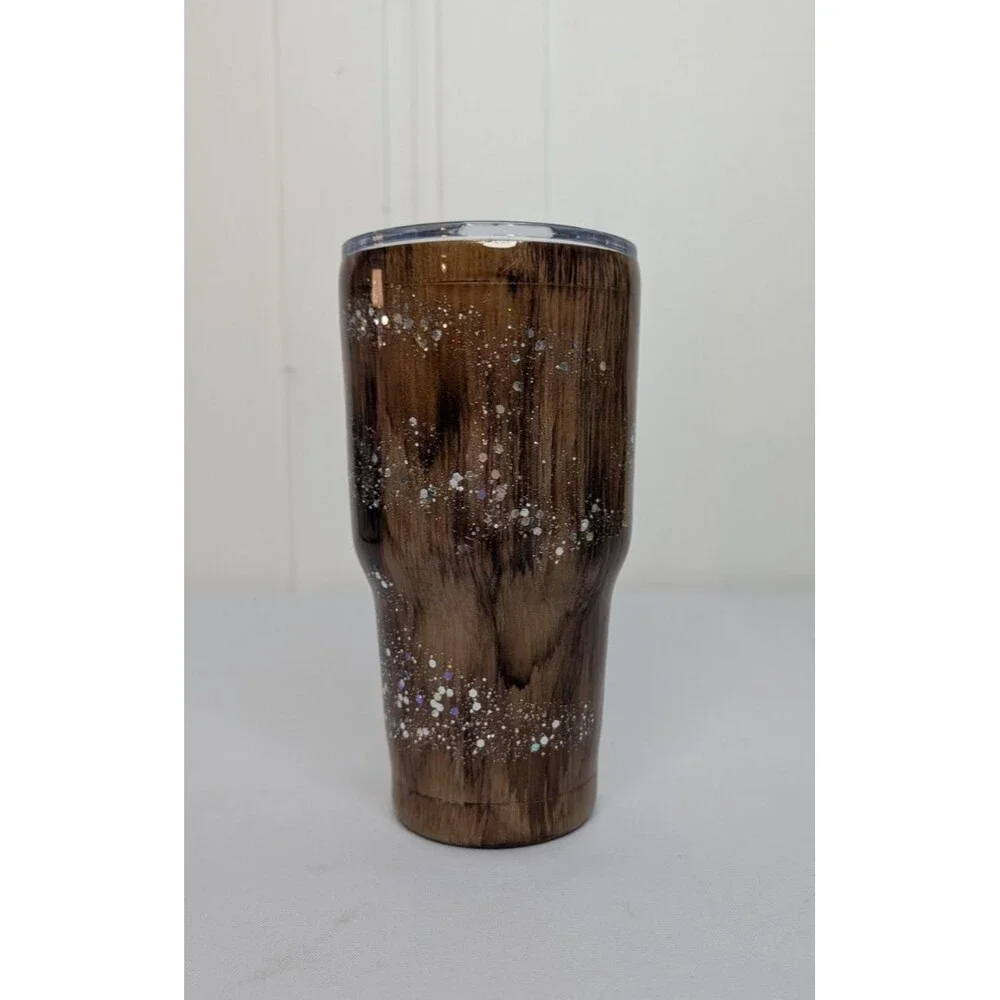 Handpainted Woodgrain Resin Tumbler - Light Brown & Silver Glitter,  30oz, New